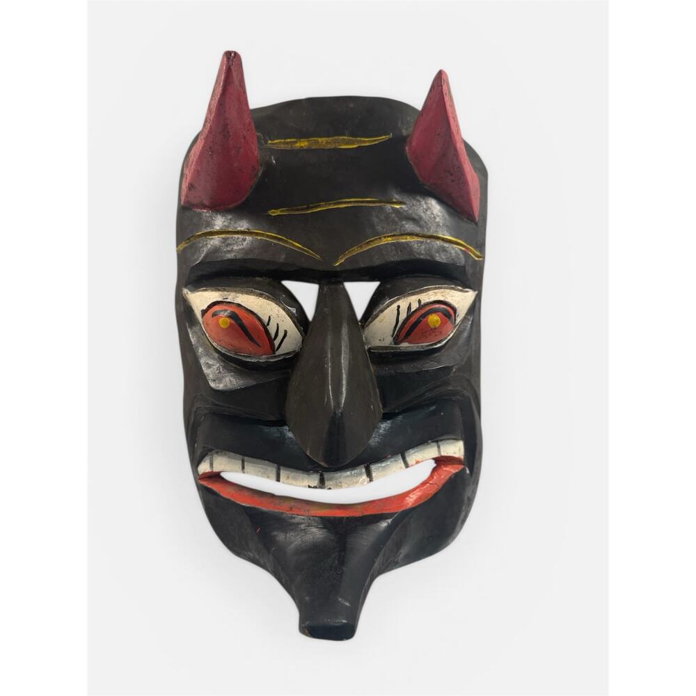 Hand Carved & Hand Painted Wooden Diablo Devil Mask Mexican Carnival JL